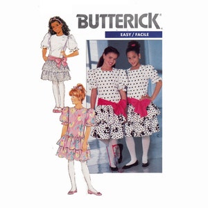 Girls Size 7 8 10 Dress with dropped waist and ruffles puff sleeves Butterick 3750 1980s UNCUT Sewing Pattern girls Retro party dress