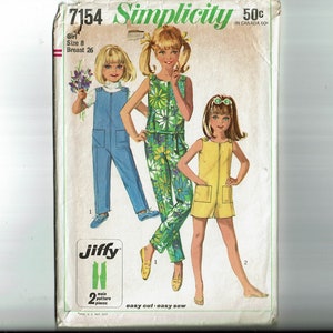 Girls Size 8 Jumpsuit and Romper Summer Pattern Sewing Pattern 1960&#39;s Simple to Sew Jiffy Simplicity 7154 Easy cut easy sew