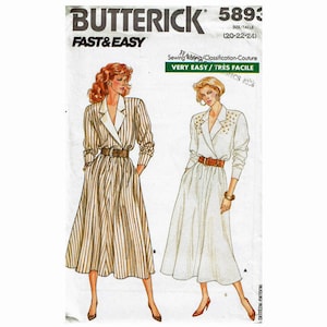 Fast & Easy Dress with Full Skirt Uncut Sewing Pattern Sizes 8 10 12 or 20 22 24 1980s  Butterick 5893 Mock Wrap Bodice dress