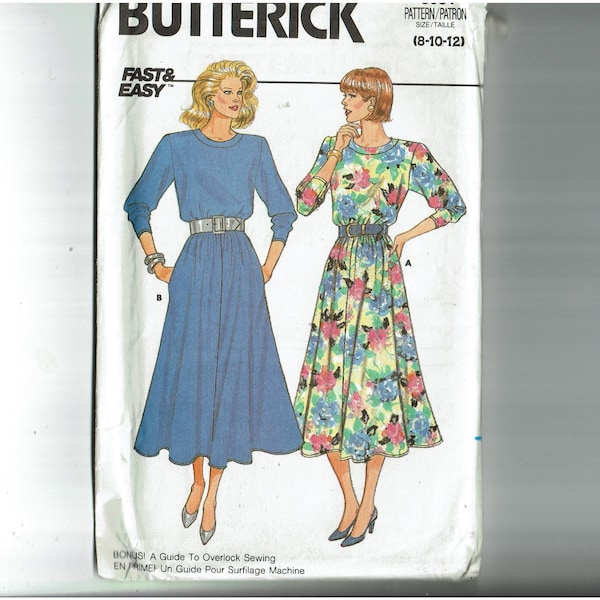 Fast & Easy Dress with Full Skirt Uncut Sewing Pattern Sizes 8 10 12 1980s Butterick 3951