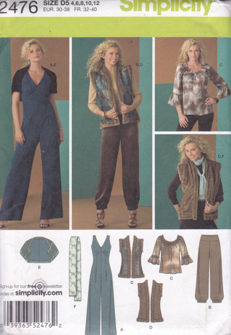 Simplicity 2476 Sizes 4 6 8 10 12 misses jumpsuit pants top reversible vest shrug scarf uncut OOP sewing pattern image 1