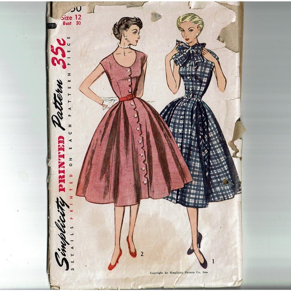 1950s 50s Rockabilly Dress with scoop neck or neck bow Vintage sewing Pattern Simplicity 3850 Size 12 Bust 30