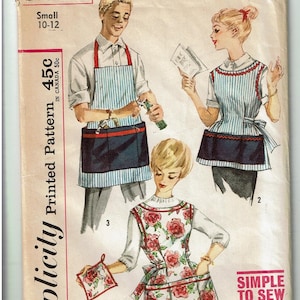 May include: A vintage Simplicity sewing pattern for three different aprons. The pattern is for sizes 10-12 and is titled "Simple to Sew".