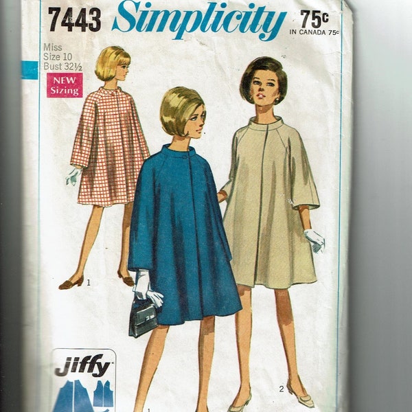 Simplicity 7443 Jiffy Coat 1960s Vintage Sewing Pattern Size 10 Bust 32 1/2 Tent Coat Simple to Sew