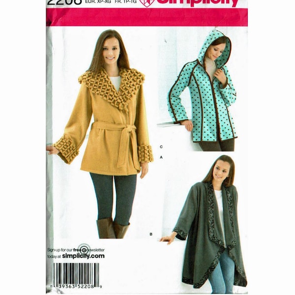 Fleece Jackets Sizes Xs S M L XL Out Of Print UNCUT Sewing Pattern Simplicity 2208 OOP Sizes 6-8, 10-12, 14-16, 18-20, 22-24