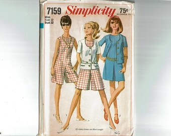 1960s Culotte Dress Romper with jacket Size 12 Bust 32 Simplicity 7159 UNCUT Sewing Pattern