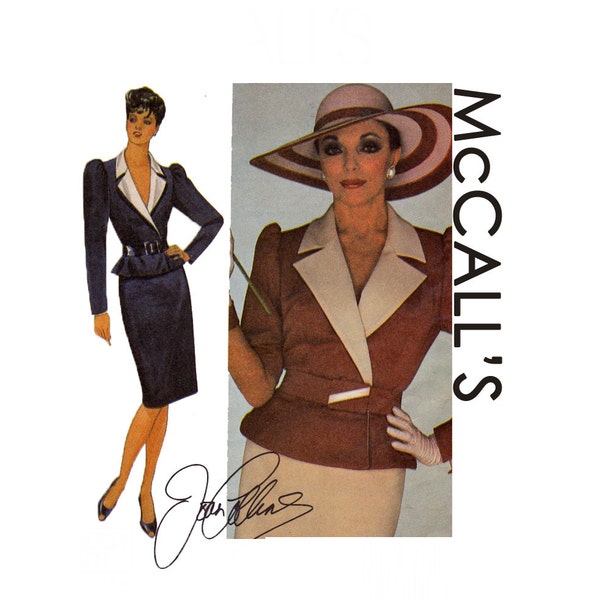 Joan Collins Peplum Jacket Contour Belt Straight Skirt Size 14 Bust 36 Or Size 10 Bust 32 1/2 Uncut Retro Sewing Pattern 1984 McCalls 9035