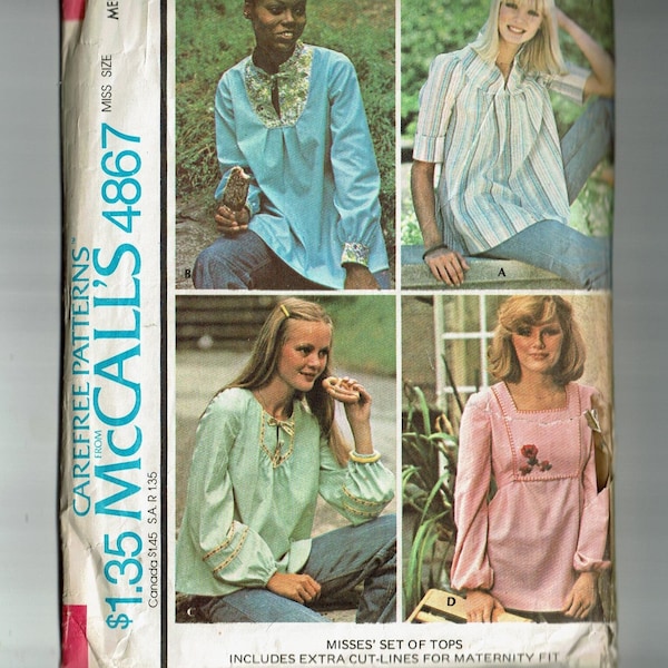 Boho Peasant Blouses Sewing Pattern Size Medium 14-16 Bust 34-36 1970s smock hippie blouses folk McCalls 4867