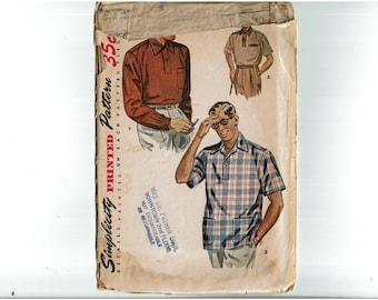 1950s Men's Sport Shirt Size Medium Chest 36-38 Neck 14 1/2-15 Vintage Sewing Pattern Simplicity 4544 Swing Rockabilly