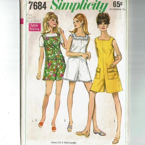 1960s Pantdress Romper Vintage Sewing Pattern Size 10 and Size 12 Simplicity 7684 60s pattern pant dress jumpsuit