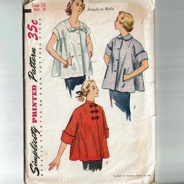 1950s Vintage Maternity Jacket Sewing Pattern Size 12 expecting mama to be Over Blouse Simplicity 3616