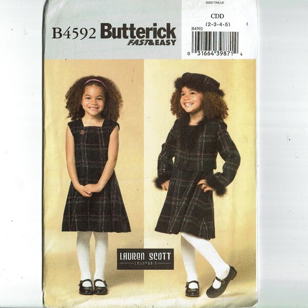 Girl's Jacket, Dress and Hat Sizes 2 3 4 5 or 6 7 8 UNCUT Butterick 4592 UNCUT Lauren Scott Sewing Pattern Girls Dress & Coat B4592