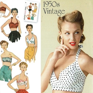 UNCUT Sewing Pattern Simplicity 1426 Sizes 4-12 or 14-22 1950&#39;s Reissue vintage tops Halter tops Midriff top