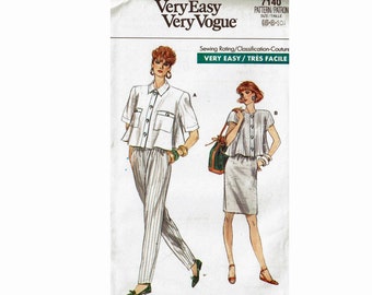 Very Easy Vogue 7140 Top Skirt Pants Uncut Sewing Pattern Sizes 6 8 10 Bust 30 1/2 31 1/2 32 1/2 Cropped Swing Top 1980s Pattern