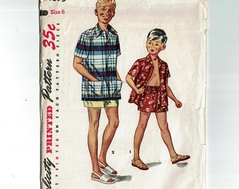1950s Boy's Swim Shorts and Beach Shirt Simplicity 4695 Vintage Sewing Pattern Size 6