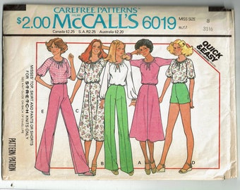 1970s Sewing Pattern or stretch knits McCalls 6019 Top, Skirt and Pants or Shorts Size 8