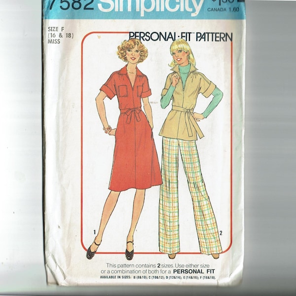 1970s UNCUT Sewing Pattern Dress, Top and Pants Simplicity 7582 Sizes 18 & 20 Bust 40 42