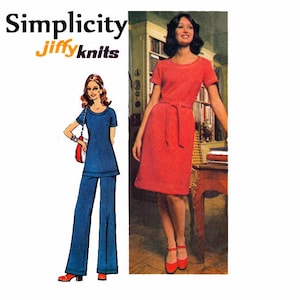 May include: Simplicity Jiffyknits sewing pattern featuring two women's dress designs. One design is a red dress with a belt and the other is a blue dress with matching pants.