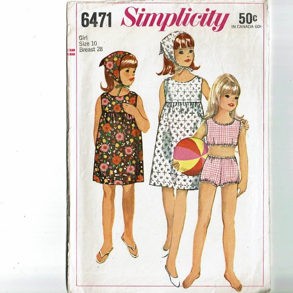 Dress 2 Piece bathing-suit and scarf Girls Size 10 Chest 28 Vintage Sewing Pattern 1960's Simplicity 6471