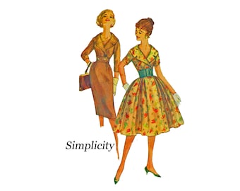 1950s Vintage Bust 34 Dress Slim skirt or full skirt wide shaped collar Size 14 Simplicity 3068 1959 Sewing Pattern