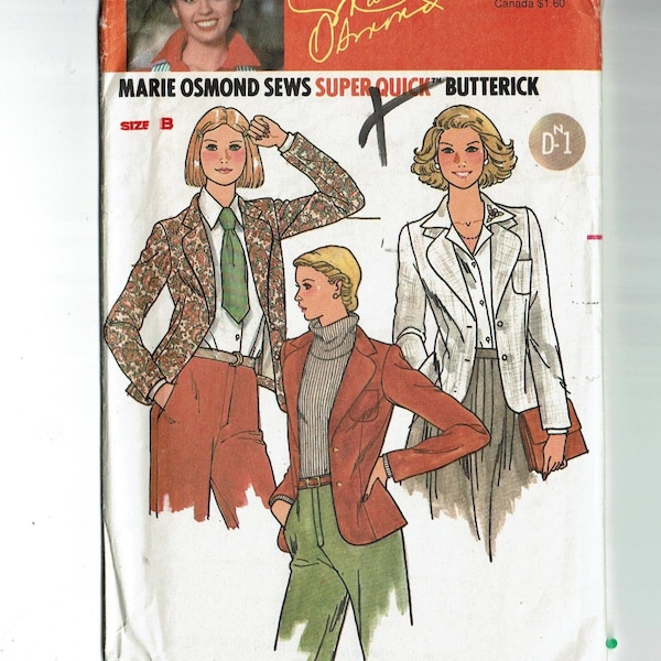 1980s Jacket Vintage UNCUT Sewing Pattern Sizes 10-12-14 Marie Osmond Super Quick Butterick 6115