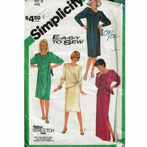 1980s Easy Dress with Draped Front Long or Below Knee Length Uncut Sewing Pattern for Knits Sizes 12 Bust 34 Easy to Sew Simplicity 6593
