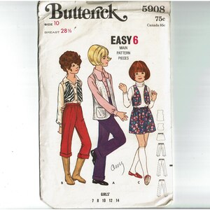 1970s Girls Size 10 UNCUT Sewing Pattern Girls Vest, Pants & Skirt Butterick 5908