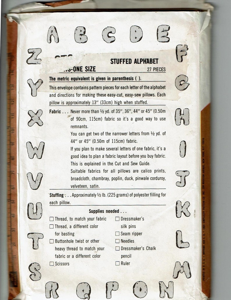 Uncut Sewing Pattern Stuffed Alphabet Pillow Letters Etsy