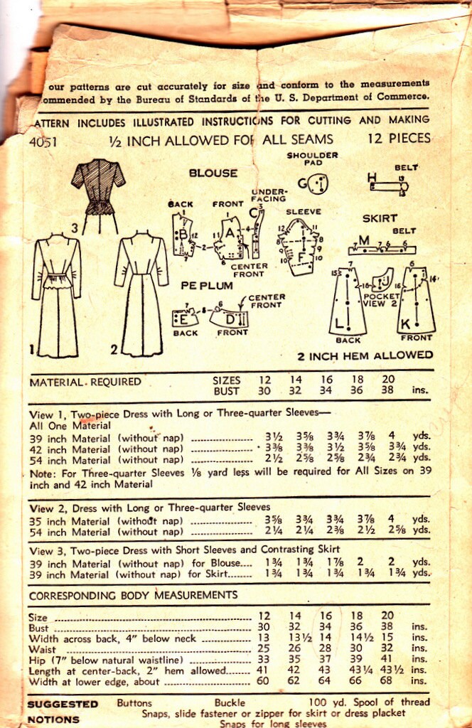 1940s Vintage Sewing Pattern Dress Peplum Blouse Skirt Size 16 - Etsy