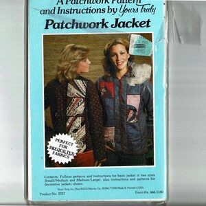 May include: A sewing pattern for a patchwork jacket. The pattern includes instructions for two sizes: Small/Medium and Medium/Large. The pattern is perfect for using pre-quilted fabrics. The pattern is from Yours Truly, Inc. and has the product number 3737 and form number 666-1180.