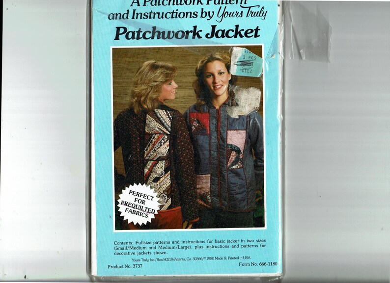 May include: A sewing pattern for a patchwork jacket. The pattern includes instructions for two sizes: Small/Medium and Medium/Large. The pattern is perfect for using pre-quilted fabrics. The pattern is from Yours Truly, Inc. and has the product number 3737 and form number 666-1180.