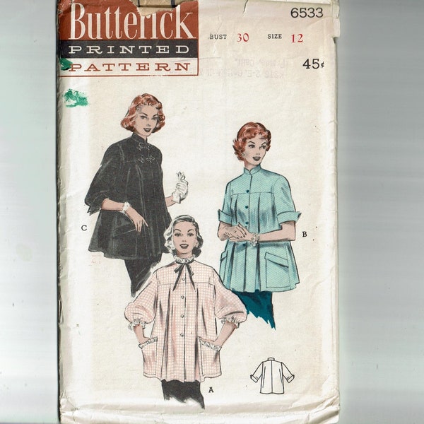 1950s Vintage Maternity Smocks Sewing Pattern Size 12 Bust 30 Butterick 6533 Tunic Top for the expecting mama to be