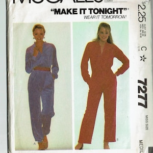 May include: A sewing pattern for a jumpsuit with two different color options. The pattern is for a women's size medium and is called "Make It Tonight" and "Wear It Tomorrow".