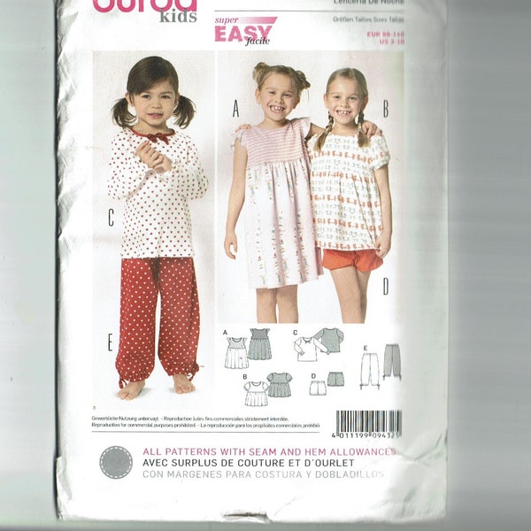 Burda Easy 9432 UNCUT Sewing Pattern Sizes 3 4 5 6 7 8 9 10 Toddler Child Kids Sleepwear pjs nightgown