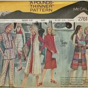 Hippie Mod 1970s Dress Maxi Vest Tunic blouse Skirt Pants for Knits Bust 38 Size 18 UNCUT Sewing Pattern McCalls 2761 Dress Blouse pantsuit