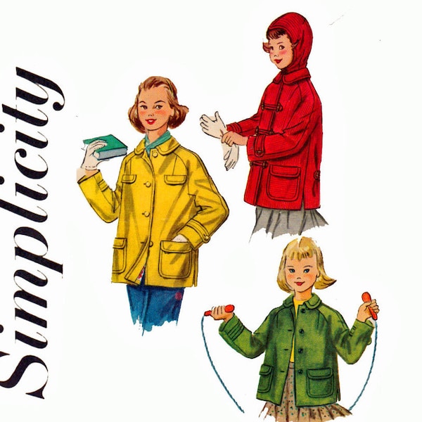 1950s Childs Little Girls Size 6 Coat with separate hood winter cap snow jacket 50s car coat raglan sleeves Simplicity 1935 Sewing Pattern