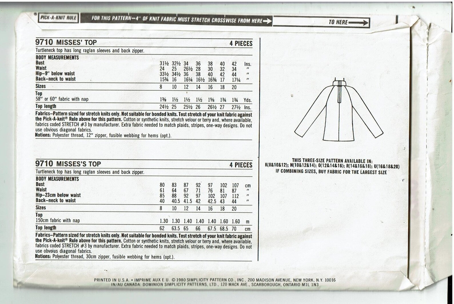1980 Uncut Sewing Pattern ESP Extra Sure Pattern Simplicity 9710 Top ...