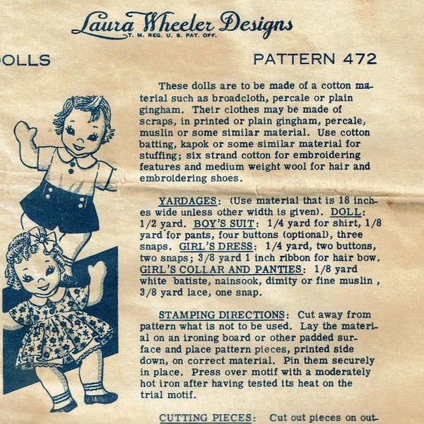 Vintage Mail Order Sewing Pattern Transfer Boy and Girls Doll with outfit Laura Wheeler Designs