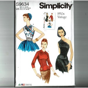 Simplicity 9634 UNCUT Sewing Pattern Blouses and Cummerbund Sizes 6 -14 or 16 -24 Vintage style 1950s reissue Simplicity pattern S9634