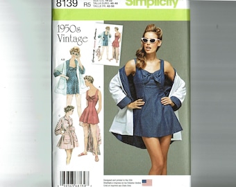UNCUT Simplicity 8139 Misses' Sewing Pattern 6-14 or 14-22 reissue 1950s Vintage Bathing Dress and Beach Coat S8139