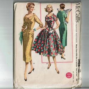 Bust 34 Size 16 1950s UNCUT Vintage Sewing Pattern Dress with two skirts, full or slim skirted Easy to Sew McCalls 3426