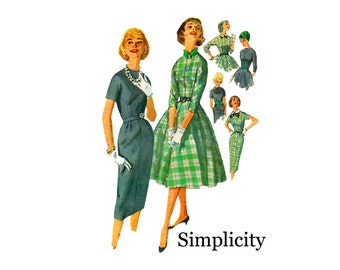 1950s Vintage Dress Bust 32 Slim skirt or full skirt Collar Bow and Belt Size 12 Simplicity 2646 Simple to Sew Sewing Pattern