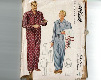 1940s Men's Pajamas Size Small Chest 34-36 Vintage Sewing Pattern McCall 4476