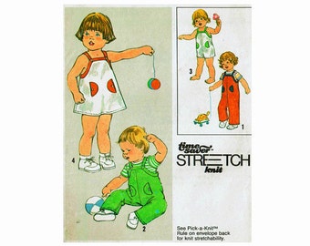 Toddlers Overalls Romper Playsuit Sundress Stretch Knits 1970s Sewing Pattern Sizes 1/2, 1, & 2 Simplicity 8845 *missing pocket piece*