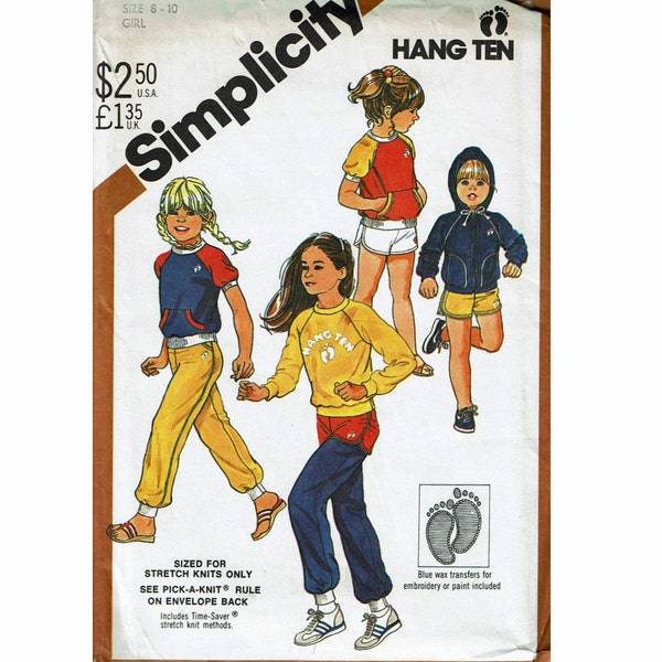 Hang Ten Pull-On Pants, Sweatshirt, Top & Hoodie Stretch Knits sporty 1980s Uncut Sewing Pattern Simplicity 5488 Sizes Medium Girls 8-10