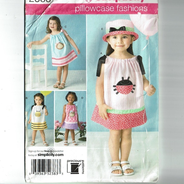 Pillowcase Fashions Toddlers Dress with Appliques and Hat uncut sewing pattern Simplicity 2383 Sizes 1/2 1 2 3 4