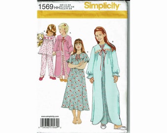 Pjs Nightgown UNCUT OOP Sewing Pattern Girls Sizes 3-6, 7-12 or 8-14 Simplicity 1569 Girls Child Nightgown Robe & Long or short Pajamas