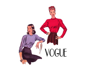 1940s Raglan Blouse Easy to Make Vogue 5522 40s Vintage Sewing Pattern Misses Size 12 Bust 30 From 1945