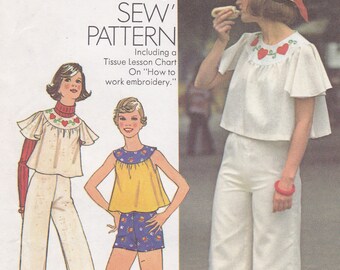 1970s How to sew pattern uncut Simplicity 6807 Size 12 or Size 14 blouse pants shorts Boho summer tops