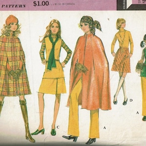 May include: A vintage sewing pattern featuring four different styles of capes and dresses. The pattern includes a plaid cape, a yellow dress with a green scarf, a red cape with a yellow skirt, and a green dress with a yellow skirt. The pattern is titled "Misses' -Inates" and is priced at $1.00.